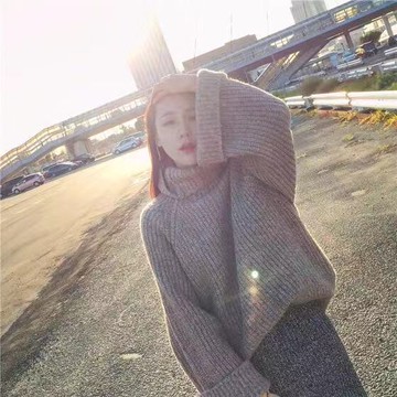 韓版新款闊袖子寬松顯瘦套頭高領毛衣女粗毛線中長款針織加厚毛衣1入