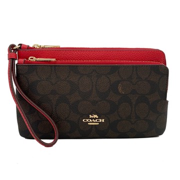 COACH 新款C LOGO雙層大手拿包零錢包(大款-深咖/紅)