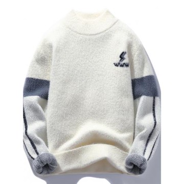 水貂絨毛絨衣服男士加厚款半高領針織衫保暖外套秋冬季潮流青年