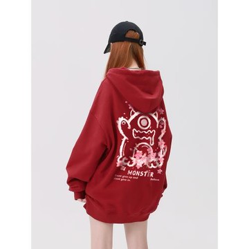 加絨加厚衛衣女2026新款爆款酒紅色秋冬連帽小怪獸寬松上衣外套潮
