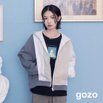 【gozo】➤gz拼接撞色運動連帽外套(卡其/灰色_F) | 女裝 連帽 百搭