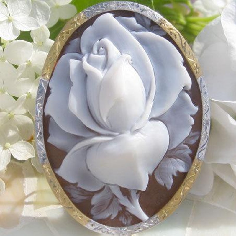 新品 胸に咲く美しい 薔薇 と 花 くかっ シェル カメオ K18ペンダント 