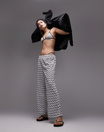 Topshop wide leg knit beach trouser in monochrome-Multi
