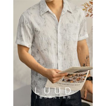 LUUD 個性潮流天絲涼感短袖襯衫男士渲染肌理感休閑單穿薄款襯衣