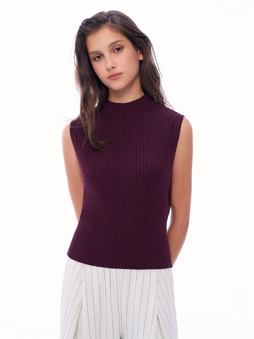 蓬鬆氣球感小立領冰爽絲針織背心-暗紅