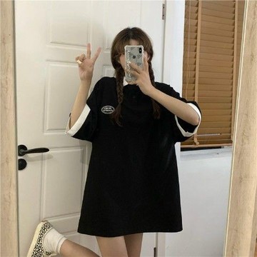 【XL-8XL大尺碼】👩短袖POLO衫女 上衣女短袖 V領    300斤大碼撞色拚接polo領短袖T恤女寬