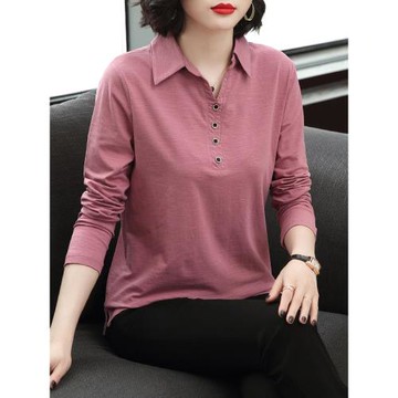 長袖t恤女秋裝2025年新款大碼胖mm中年媽媽polo衫純棉打底衫上衣