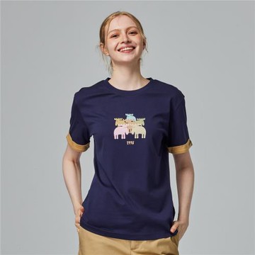 moz瑞典 駝鹿 駝鹿家族 舒適柔棉 100%純棉短T-袖口反摺刺繡-藏青(亞洲版)女款