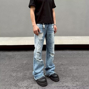 高街水洗淺色刀割破洞微喇牛仔褲男 夏季嘻哈炸街復古拖地長褲子男