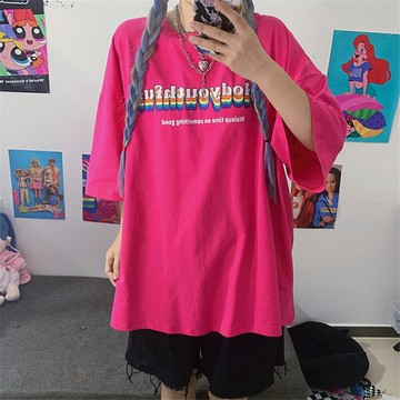 玫紅色正肩短袖T恤女夏季ins潮牌原宿風寬松情侶百搭半袖上衣