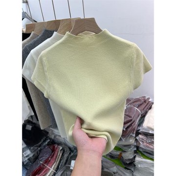 半高領純色百搭軟糯半袖針織衫女2024早秋新款內搭短袖打底衫上衣