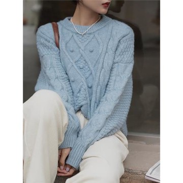 奶藍色麻花套頭毛衣女秋冬新款寬松慵懶軟糯針織法式復古重工上衣