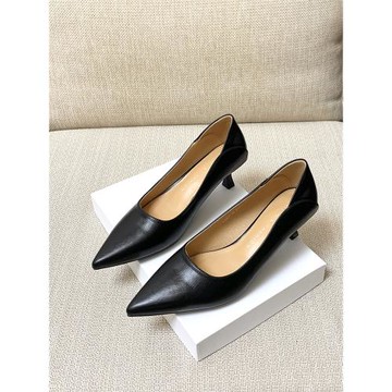 黑色工作鞋女低跟鞋久站不累軟皮尖頭中跟單鞋通勤軟底職業高跟鞋