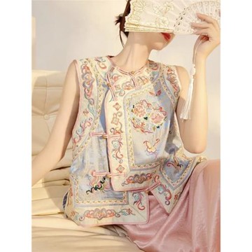 新中式重工刺繡人絲上衣女2025新款無袖輕奢別致國風馬甲高級感