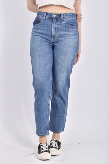 (M) uniqlo高腰丹寧牛仔棉質直筒藍色長褲