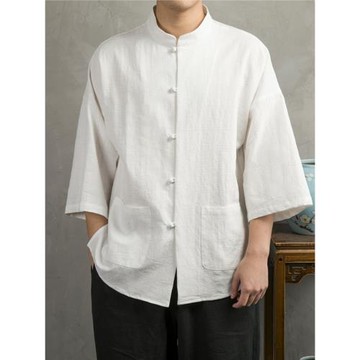 男士七分袖襯衫男棉麻中山裝夏季薄款亞麻寸衫寬松中國風襯衣