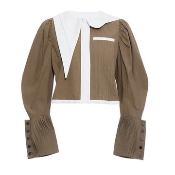 EAM STUDIO小眾設計師款露臍短外套女不對稱翻領拼色壓褶寬松上衣