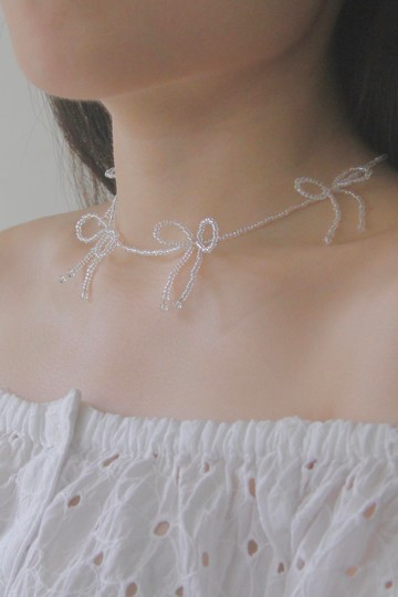 泡泡蝴蝶結 白水晶日本米珠項鍊