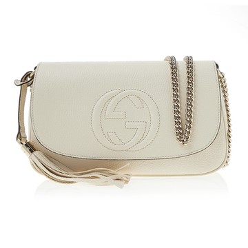 【GUCCI 古馳】536224 經典SOHO系列雙G LOGO流蘇綴飾掀蓋淡金鍊斜背包/肩背包(白色)