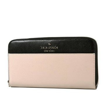 KATE SPADE 金字拚色防刮十字紋拉鍊長夾-黑/米
