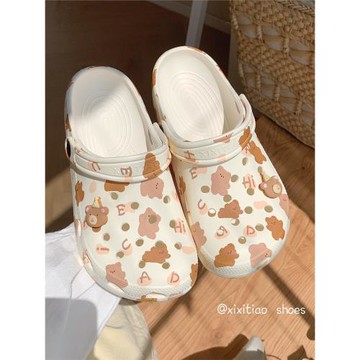 細細條 網紅可愛小熊洞洞鞋女eva防滑外穿踩屎感百搭包頭沙灘鞋夏