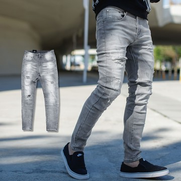 【NB1618J】淺灰刷色刷破補丁合身版長褲牛仔褲(SS-G5058)