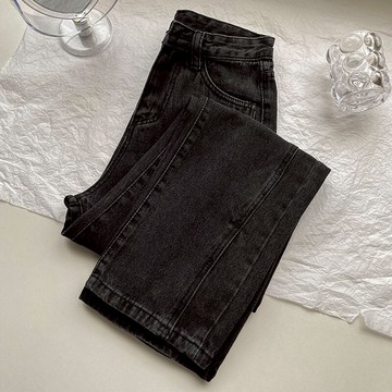 chic港味黑灰色牛仔褲女早秋年新款高腰垂感開叉闊腿長褲ins