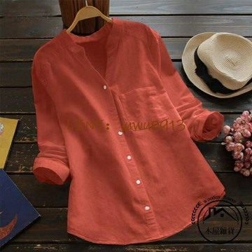 流行女裝文藝V領棉麻襯衫休閒寬版顯瘦亞麻襯衣棉衫上衣【木屋雜貨】