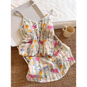 侘町2025新款游樂園大象吊帶睡裙夏季帶胸墊睡衣可外穿家居服套裝