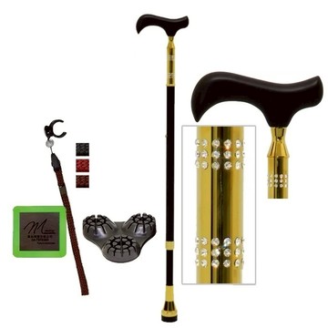 海夫枴杖屋 施華洛士奇 璀璨系列 時尚高級伸縮手杖 72顆水鑽 三角底座 夜光片扣環 黑色高級楓木-金(S2QC01)