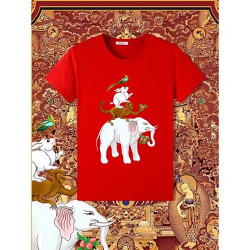 吉祥和睦四瑞印花短袖純棉t恤男女夏季寬松圓領半截袖上衣打底衫