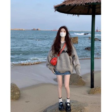 寬松套頭韓系慵懶風毛衣外套女秋冬外穿灰色連帽中長款針織衫上衣