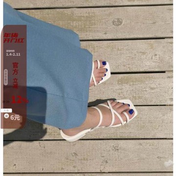 現韓國女鞋琪琪東大門2021年夏新款chic純色交叉細帶套趾低跟涼鞋