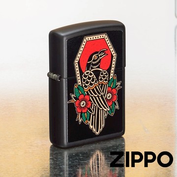 ZIPPO 烏鴉紋身防風打火機 48611 像徵智慧 一隻黑色的烏鴉 花卉中安靜地棲息 傳統紋身靈感 終身保固