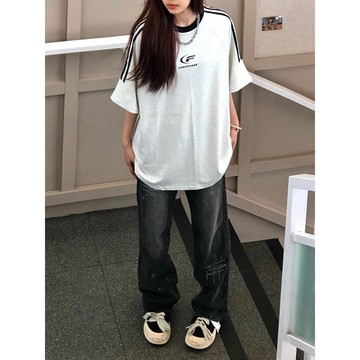 TGNS 純棉 t恤 三條槓短袖衣服 上衣 美式復古 oversize T恤 潮流衣服 夏天衣服 ins風 英文印花上衣