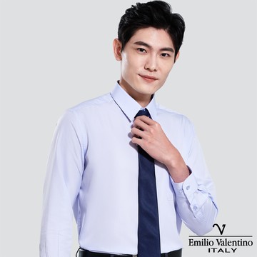 【Emilio Valentino】仿天絲條紋長袖襯衫-藍