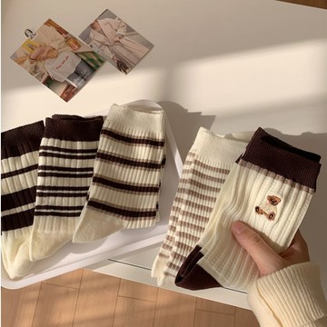 🔥24H出貨🔥文青條紋中筒襪 中筒襪 女襪 條紋襪 小熊襪 學院風襪子 韓系襪子 日系襪子 百搭襪子 棉襪 長襪 復古襪