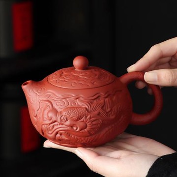朱泥鳳鳴壺滿工雕祥龍紫砂壺功夫茶具宜興中式泡茶壺浮雕壺西施壺