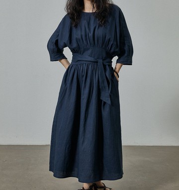 法式復古茶歇感長裙 | 亞麻肌理蝙蝠袖繫帶設計 | 收腰A字連衣裙