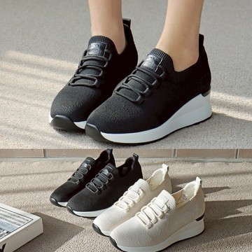 【白鳥麗子】韓國設計（懶人必備）免綁鞋帶針織襪套拚色厚底球鞋 店長推薦