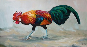 原畫大公雞家禽 8x15 英寸藝術家簽名生動繪畫