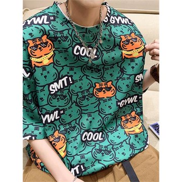 卡通滿印華夫格t恤男士短袖潮牌百搭夏季潮流設計感小眾男款體恤