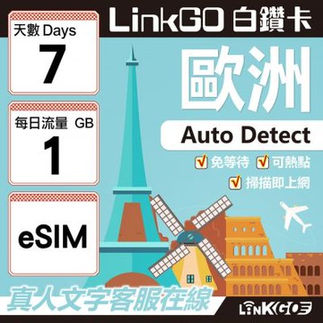 LINKGO白鑽卡 歐洲 BICS eSIM卡 7天上網卡 每日1GB (歐洲網卡 西班牙 德國 奧地利 英國)
