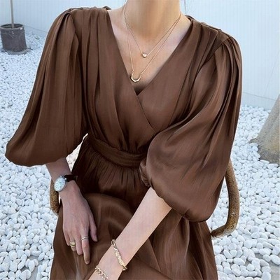 ワンピース レディース ワンピース Vネック 無地 光沢感 マキシワンピース 通勤 Ol 韓国風ワンピース 夏 ロングワンピース 通販 Lineポイント最大get Lineショッピング