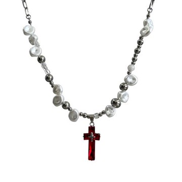 異形珍珠紅鋯石十字架項鏈男女ins小眾設計y2k辣妹高級嘻哈鎖骨鏈