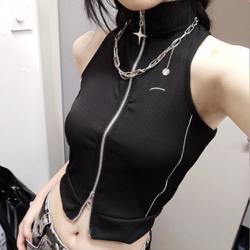 美式甜酷穿搭套裝女白色立領休閑棒球服外套+雙開拉鏈吊帶背心