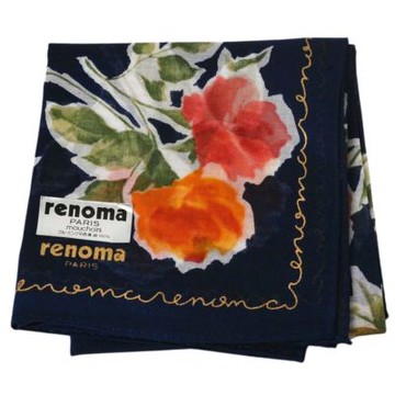 renoma PARIS 日本製100%棉玫瑰花圖騰字母LOGO帕巾(深藍系/44CM)