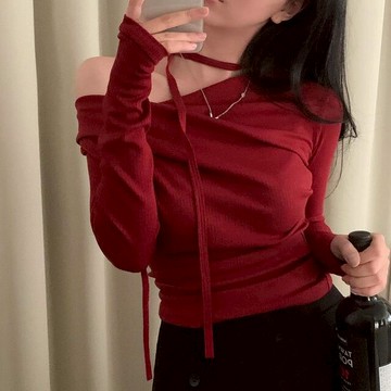 【太妮絲L229】現貨韓系 一字領針織上衣 綁帶 抽繩 蝴蝶結 紅色 一字肩 INS 聖誕節穿 韓風 秋天女裝 韓系女裝