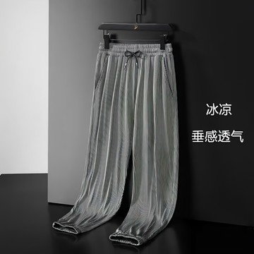 ✨限時熱購🎈夏季潮流冰絲褲子男超薄鬆緊腰寬鬆運動休閒長褲加大碼透氣垂感褲