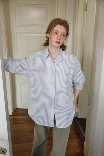自由白鴿 復古亞麻棉條紋刺繡襯衫